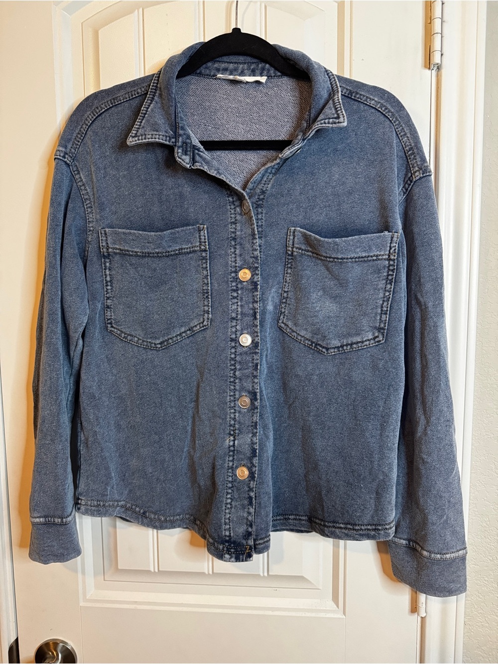 Jane + Delancey Shacket Women S Blue Denim Wash Knit Button Front Oversized